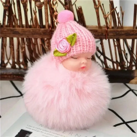 Pink Baby Doll Furball Fabric Floral Charm Fashion Keychain - Picture 1 of 3